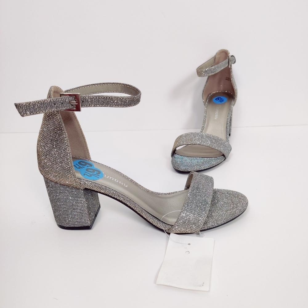 By Laundry Silver Golden Glitter Block Heel Sandals with Ankle Strap Size 6.5